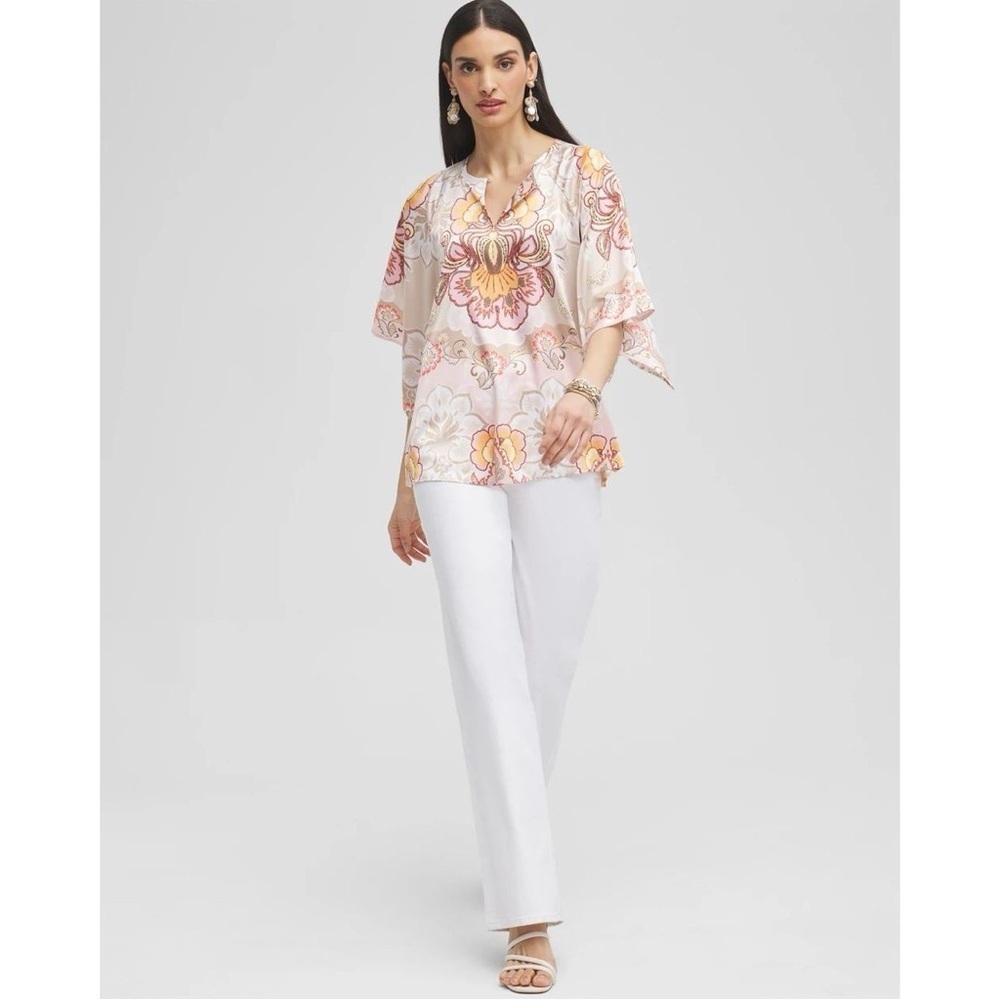 Chico's Pastel Scarf Print Satin Floral Keyhole Blouse Top 0 Small 4 - Picture 2 of 12